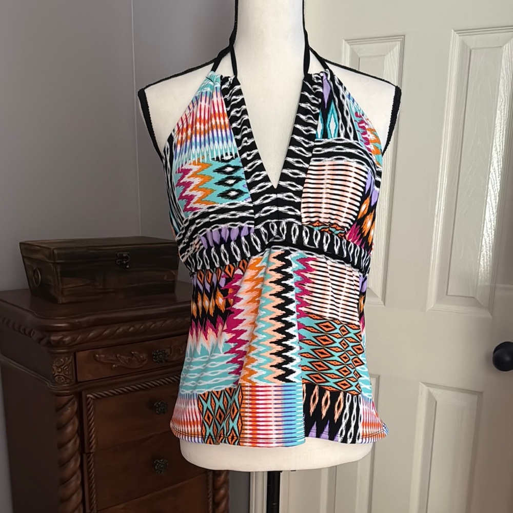 Liz Claiborne Swim Top Halter Style Graphic Top